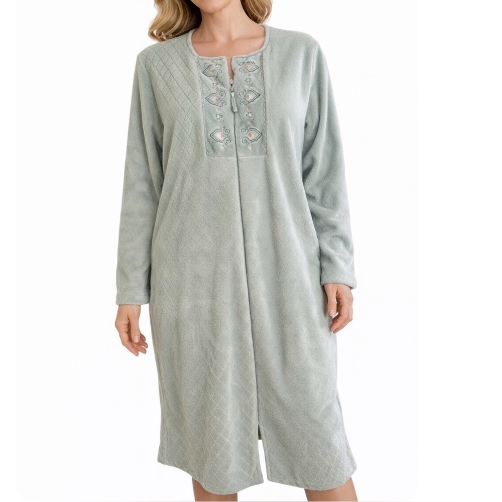 Oscar de la Renta Robe Womens Sz S/M Mist Green Soft Plush Long Full Zip Pockets